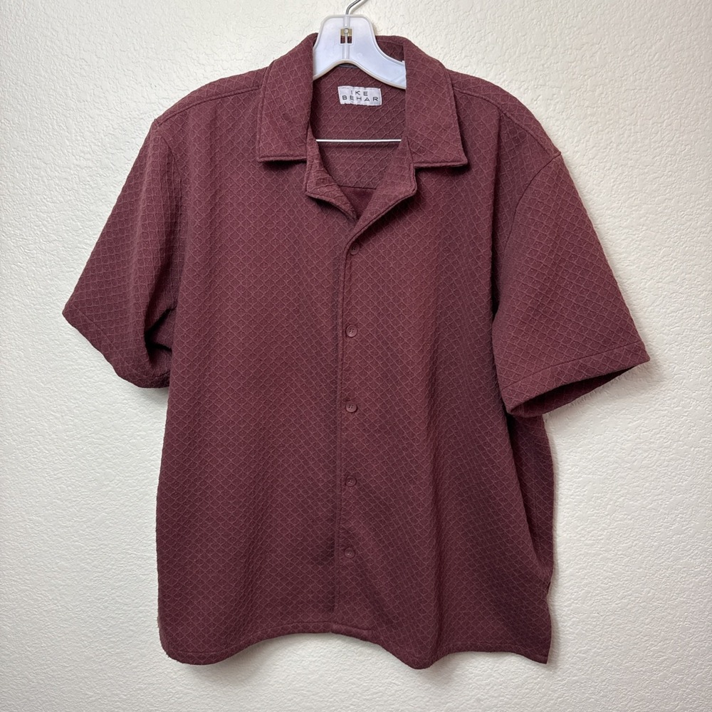 Ike Behar Mens Large Maroon Waffle Quilted Polo Collared Short Sleeve Casual
